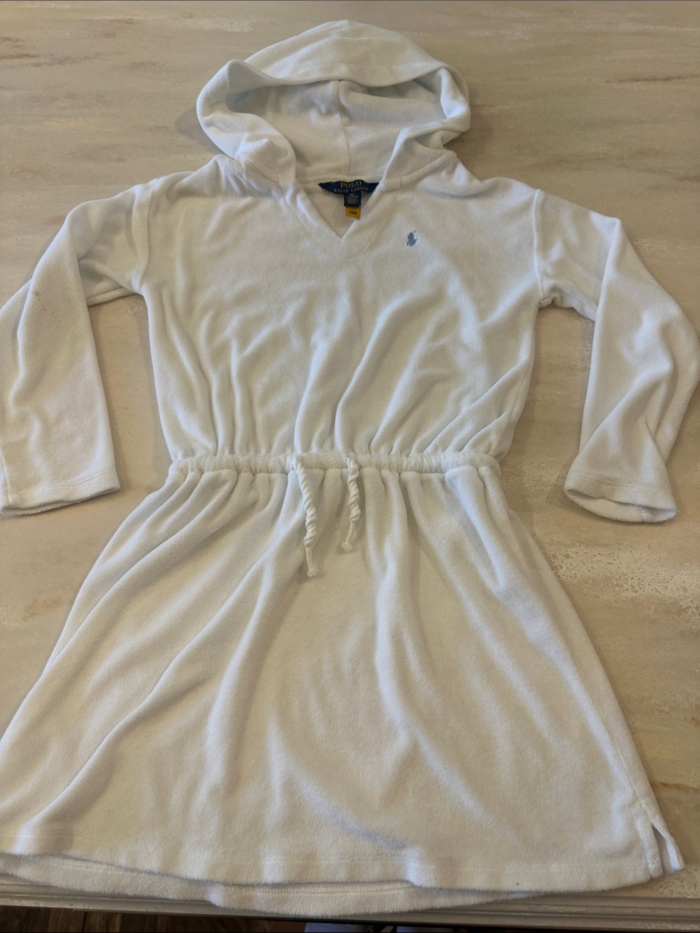 Ralph Lauren White Hooded Terry Dress with Drawstring Waist